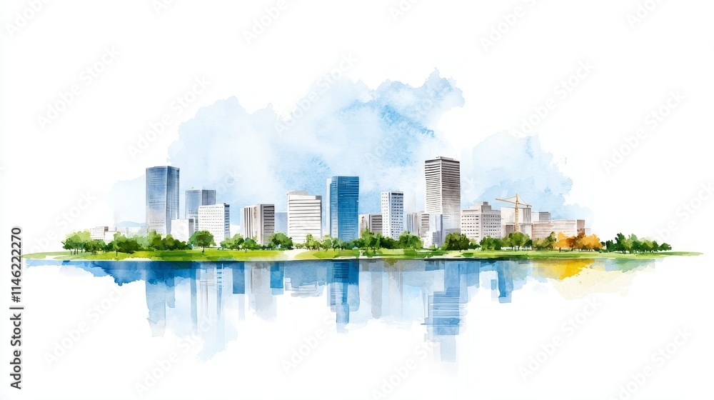 Obraz premium The skyline of an urban city with skyscrapers and green areas symbolizes sustainable urban planning.