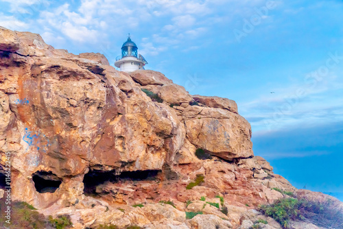 Formentera, baleares, faro Cap de Barbaria, cabo de Barbaria visto desde el acantilado con el mar al fondo