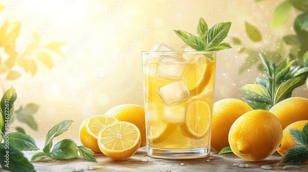 Fototapeta premium Refreshing Glass of Lemonade with Fresh Lemons and Mint Leaves