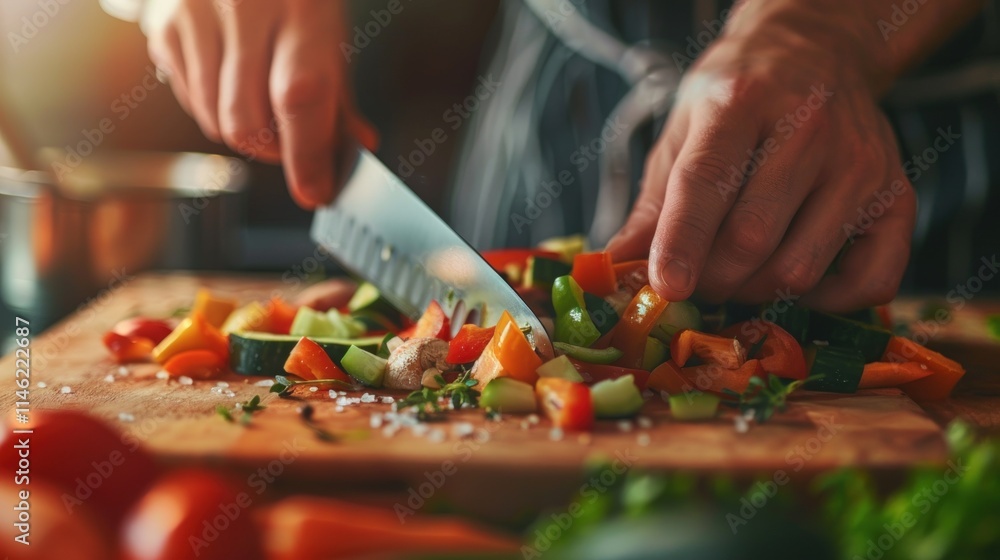 Chef's hands dicing colorful vegetables on wooden board.