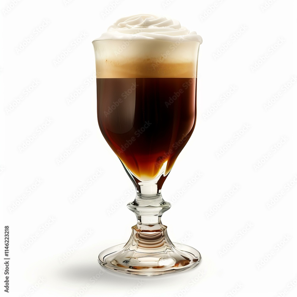 Delicious irish coffee with whipped cream in an elegant footed glass, isolated on a white background, ready to be enjoyed Delicious irish coffee with whipped cream in an elegant footed glass, isolated on a white background, ready to be enjoyed