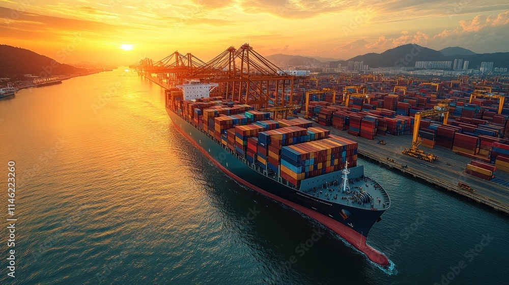 A cargo ship loaded with containers navigates a busy port at sunset. A cargo ship loaded with containers navigates a busy port at sunset.