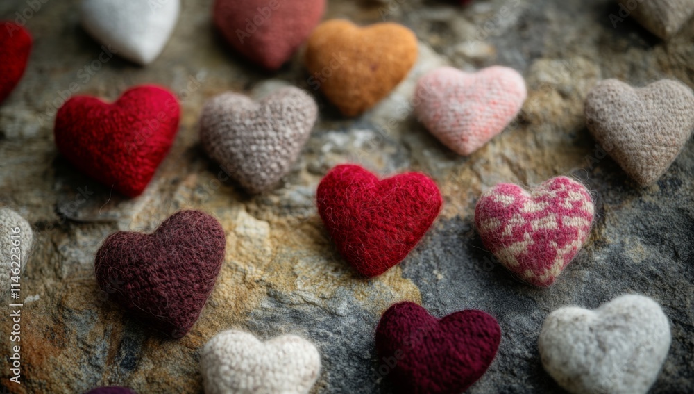 Obraz premium Valentine's Day concept of beautiful handmade hearts made of fabric and wool in various colors on stone background