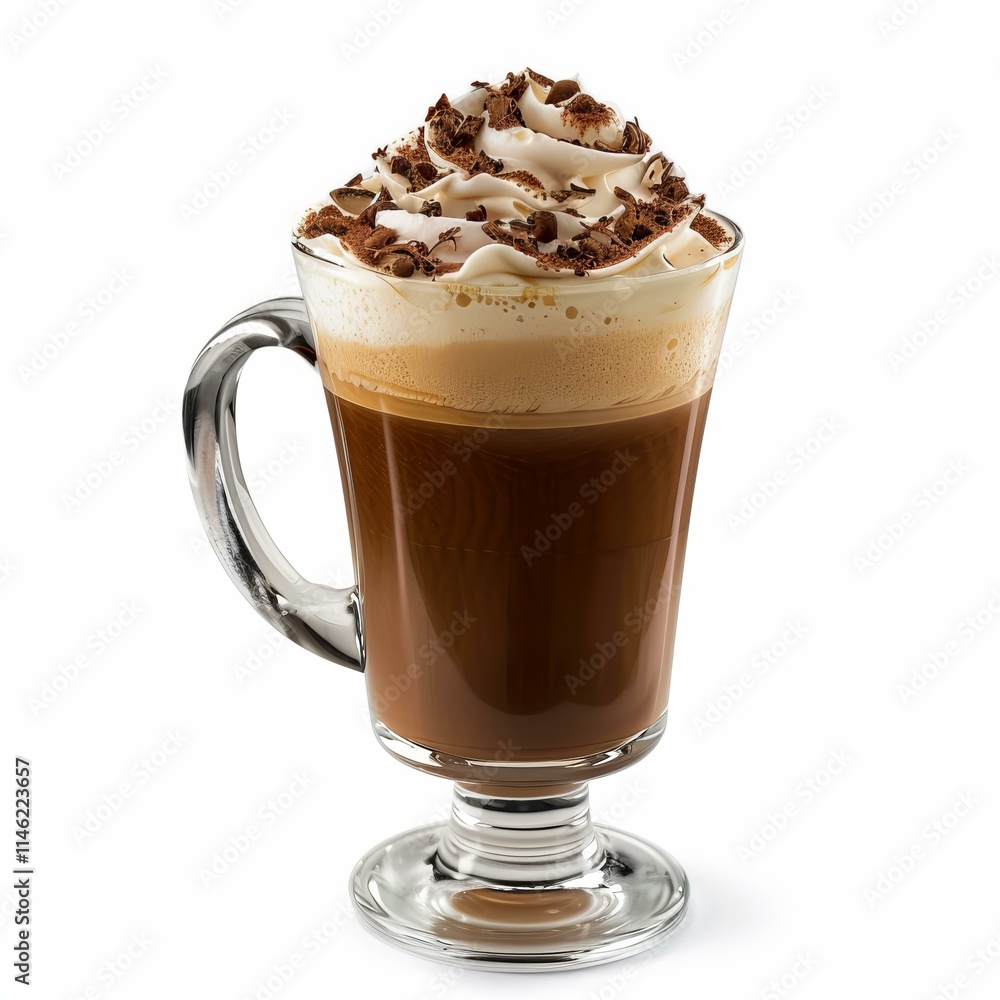 Mocha coffee topped with whipped cream and chocolate chips, served in a tall glass mug on a white background Mocha coffee topped with whipped cream and chocolate chips, served in a tall glass mug on a white background