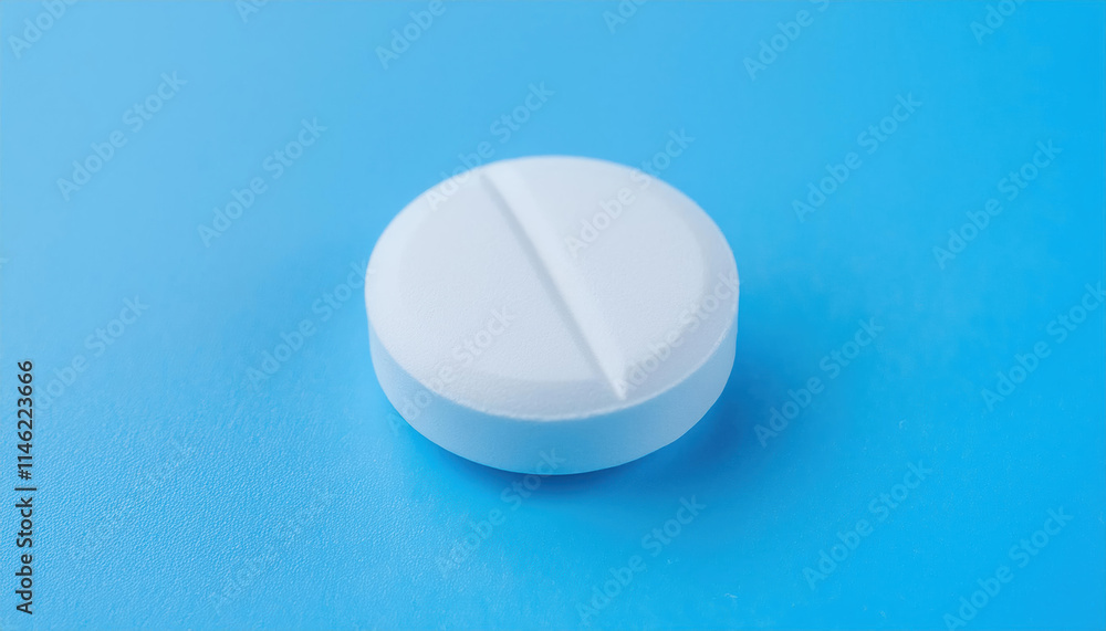 White tablet isolated on blue background. Concept of care, health and pharmacy White tablet isolated on blue background. Concept of care, health and pharmacy