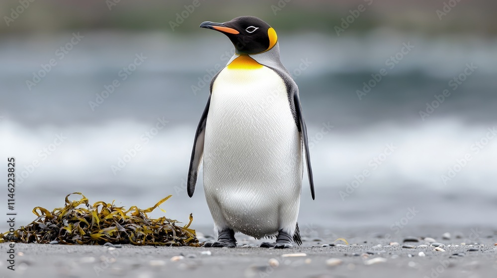 Fototapeta premium King penguin standing on beach near seaweed.