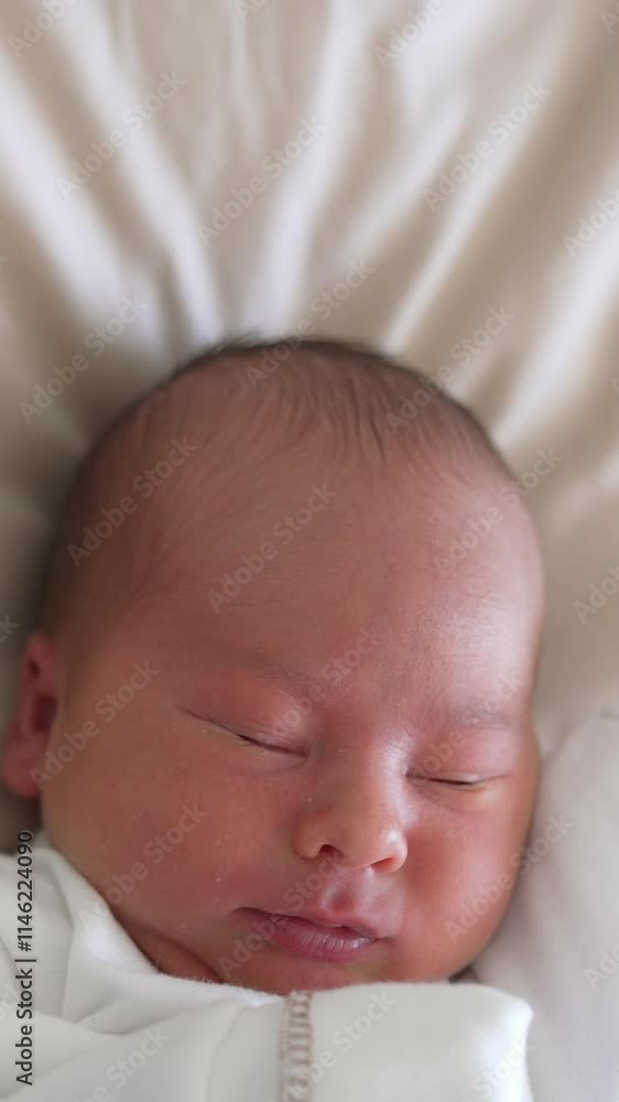 Infant baby. Portrait of a newborn baby in white clothes lying the bed. Cute baby boy waking up and blinking his eyes. Close-up.. Vertical video Infant baby. Portrait of a newborn baby in white clothes lying the bed. Cute baby boy waking up and blinking his eyes. Close-up.. Vertical video