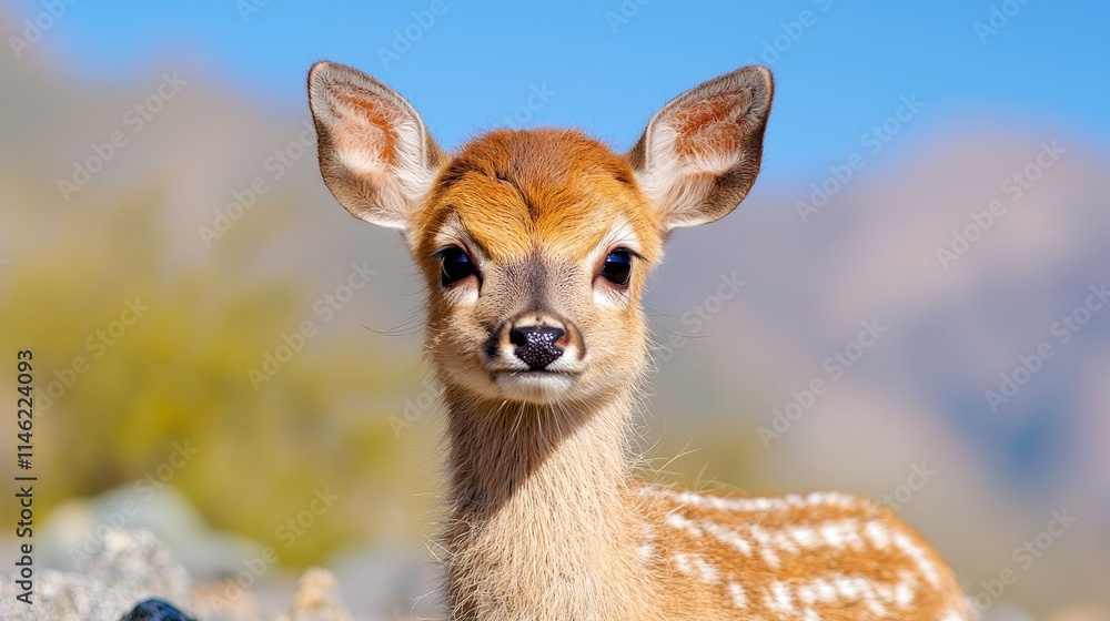 Adorable fawn portrait, closeup, outdoors. Adorable fawn portrait, closeup, outdoors.