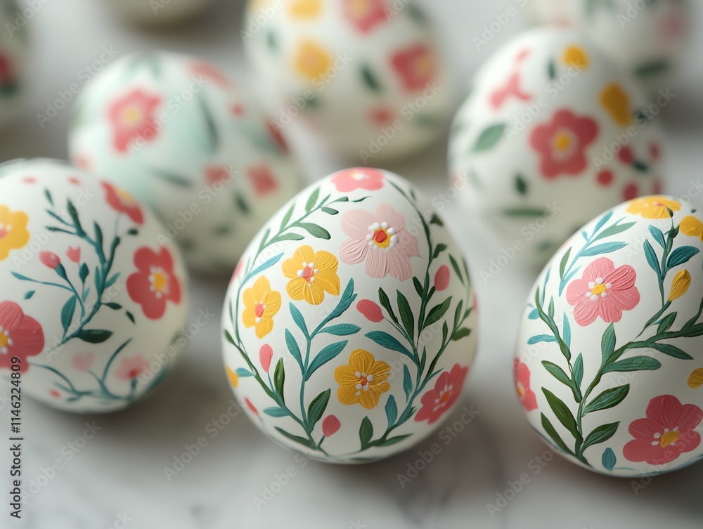 Close-up of delicate hand-painted eggs with intricate spring-inspired designs Close-up of delicate hand-painted eggs with intricate spring-inspired designs