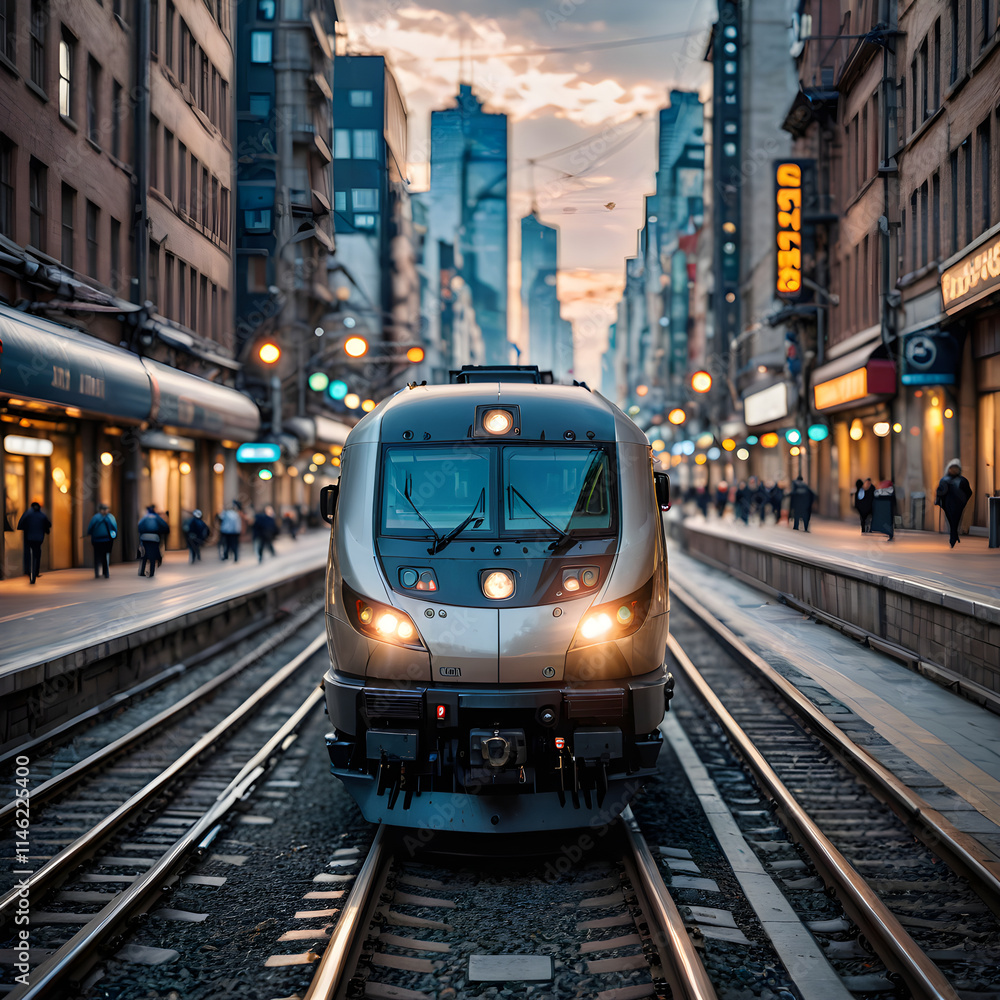 Naklejka premium araful train on the tracks in a city at dusk