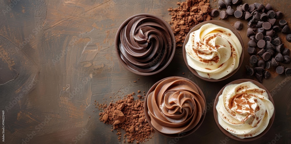 Rich mocha mousse and creamy frosting swirls in a gourmet presentation. Perfect for desserts, with smooth layers and an elegant, indulgent design. Rich mocha mousse and creamy frosting swirls in a gourmet presentation. Perfect for desserts, with smooth layers and an elegant, indulgent design.