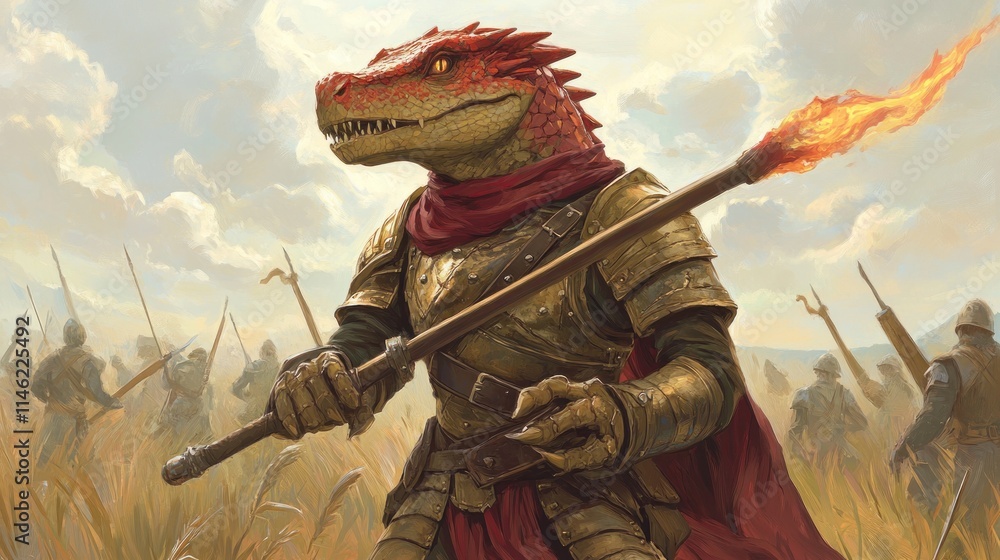 Naklejka premium Red dragonborn warrior in golden armor holds a torch, leading soldiers across a battlefield.
