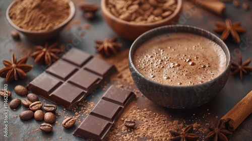 A steaming cup of hot chocolate surrounded by dark chocolate bars, coffee beans, cinnamon, and star anise evokes warmth, indulgence, and cozy winter vibes.