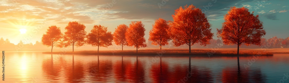 Beautiful autumn red trees in row on the lake at sunset. Panoramic view with reflection of water surface. Breathtaking landscape with orange sky and sun rays. Beautiful autumn red trees in row on the lake at sunset. Panoramic view with reflection of water surface. Breathtaking landscape with orange sky and sun rays.