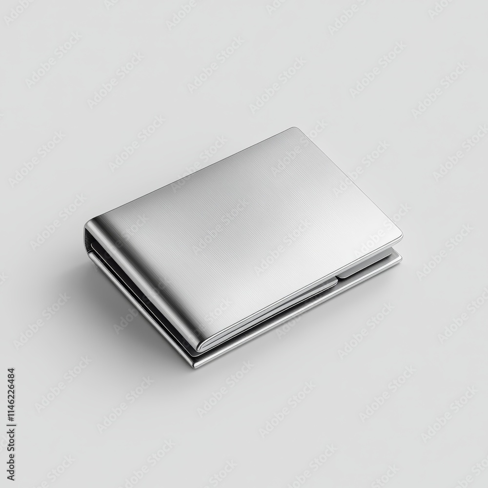 Futuristic Titanium Trifold Wallet with RFID Blocking Compartments on White Background Futuristic Titanium Trifold Wallet with RFID Blocking Compartments on White Background