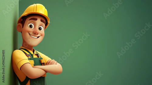 a cartoon worker wearing safety clothes, arms crossed on the side of a wall with space for text on a blank background
