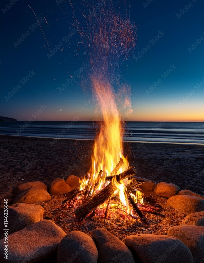 Cozy Beach Bonfire at Night: A cozy and inviting scene of a bonfire on the beach at night, with the flames illuminating the surrounding area. Cozy Beach Bonfire at Night: A cozy and inviting scene of a bonfire on the beach at night, with the flames illuminating the surrounding area.