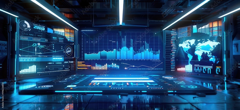 Obraz premium High-tech control room with monitors displaying graphs and various data