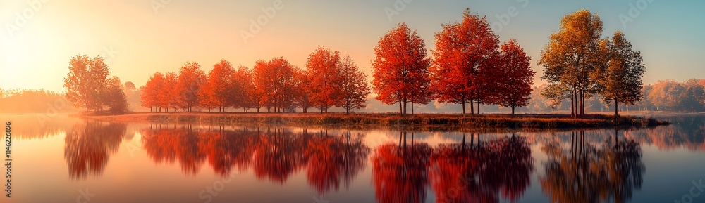 Beautiful autumn red trees in row on the lake at sunset. Panoramic view with reflection of water surface. Breathtaking landscape with orange sky and sun rays. Beautiful autumn red trees in row on the lake at sunset. Panoramic view with reflection of water surface. Breathtaking landscape with orange sky and sun rays.
