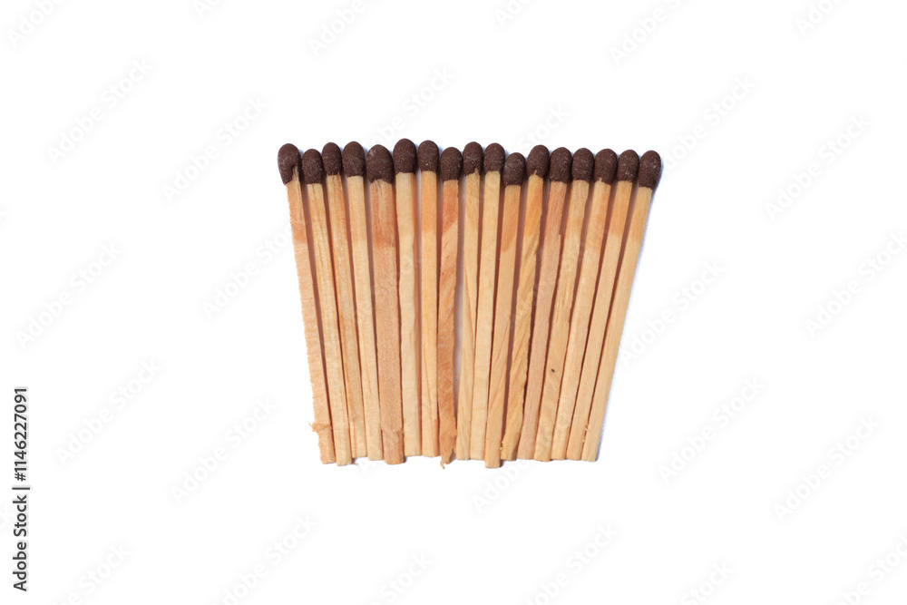 Wooden matches and matchsticks isolated on a white background, arranged neatly (or scattered), showcasing their texture and detail. (Korek api kayu dan batang korek api dilatar belakang putih) Wooden matches and matchsticks isolated on a white background, arranged neatly (or scattered), showcasing their texture and detail. (Korek api kayu dan batang korek api dilatar belakang putih)