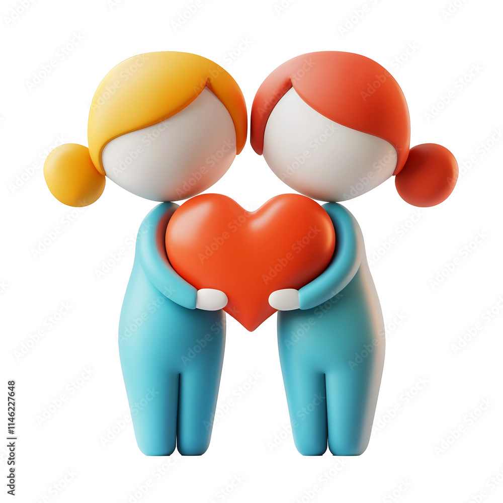 Stylized Heart Icon Connecting Two Figures in Matte Cartoon Design Stylized Heart Icon Connecting Two Figures in Matte Cartoon Design