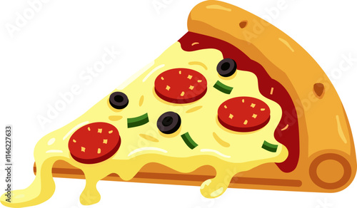 A Flat Vector illustration of a Delicious Slice of Pepperoni Pizza with Melting Cheese and Tasty Toppings