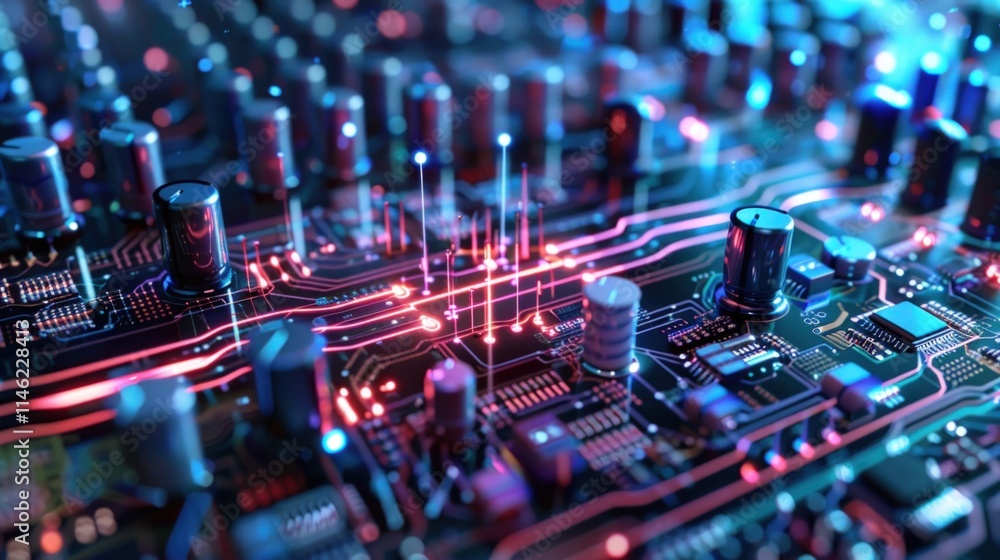 Close-up of a circuit board with glowing lines and components. Close-up of a circuit board with glowing lines and components.