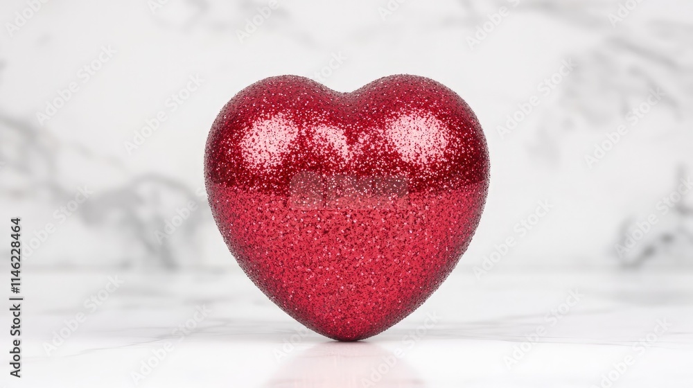 Fototapeta premium A red glittery heart stands on a white marble surface, creating a romantic and elegant composition.