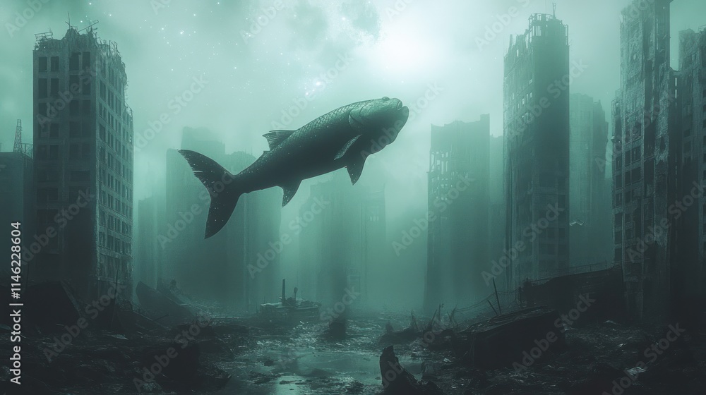 Fototapeta premium A giant fish swims through a submerged, ruined cityscape, evoking themes of decay and nature's resilience.