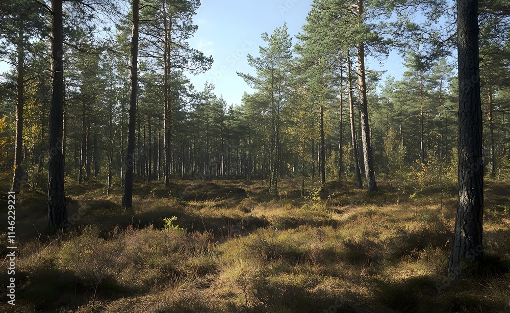 Obraz premium Beautiful forest landscape with trees and sunlight in autumn, a sunny day in the pine woods. Great for a background or wallpaper.
