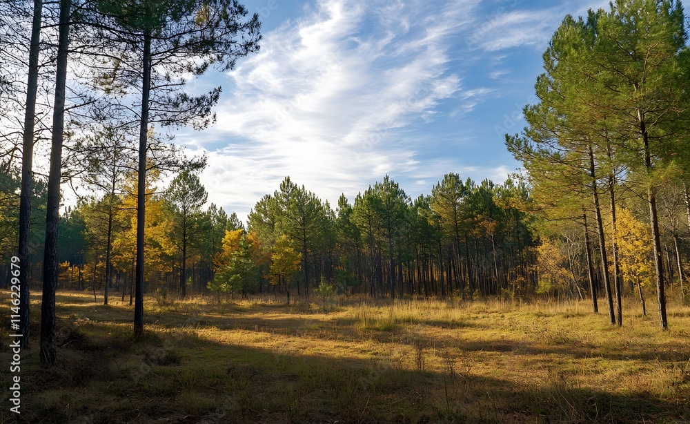 Beautiful forest landscape with trees and sunlight in autumn, a sunny day in the pine woods. Great for a background or wallpaper. Beautiful forest landscape with trees and sunlight in autumn, a sunny day in the pine woods. Great for a background or wallpaper.