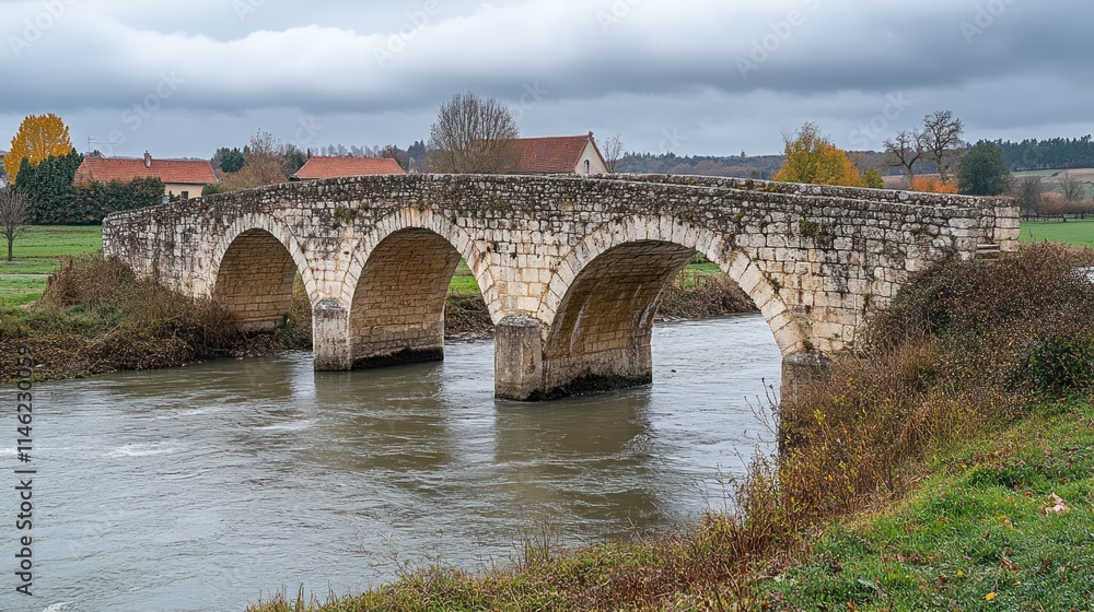 Fototapeta premium A historic stone bridge spanning a river, surrounded by greenery and cloudy skies.