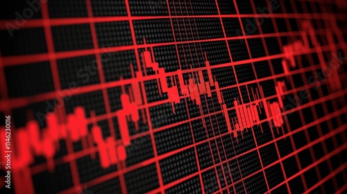 A digital representation of a red financial chart displaying fluctuations in data, indicative of market trends and analysis. Stock Market,Trading,Financial Uncertainty,Risk,Market Analysis