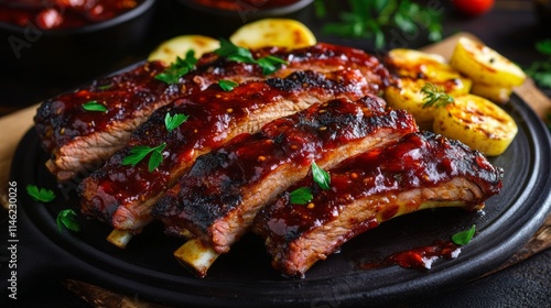 Juicy, grilled ribs glisten with a rich barbecue sauce, accompanied by charred lemon slices and fresh parsley, set in a warm, inviting outdoor cooking environment