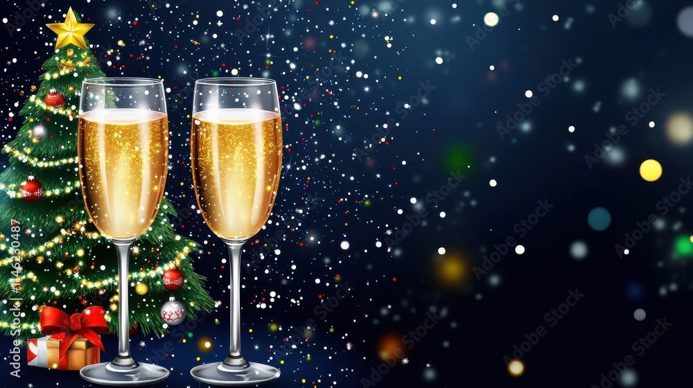 Festive banner. Two glasses of champagne on dark blue background with Christmas tree with lights bokeh, glitter and sparks, confetti. Christmas celebration concept with copy space for text Festive banner. Two glasses of champagne on dark blue background with Christmas tree with lights bokeh, glitter and sparks, confetti. Christmas celebration concept with copy space for text