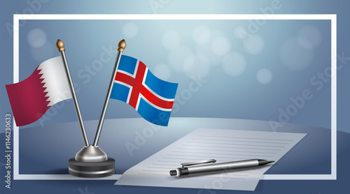 Qatar and Iceland National flags on small table with bokeh background, cooperative relationship