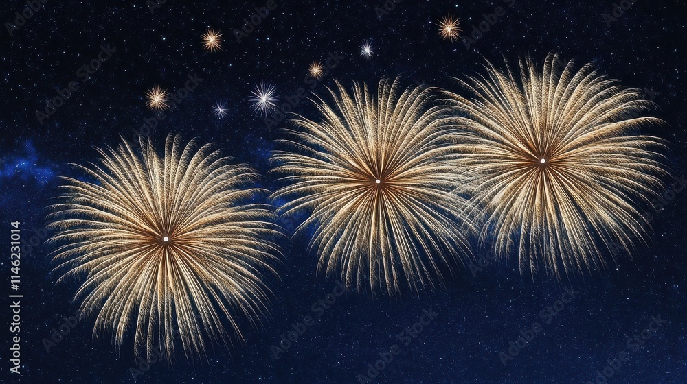 Fireworks on blue background with stars and space for text Fireworks on blue background with stars and space for text