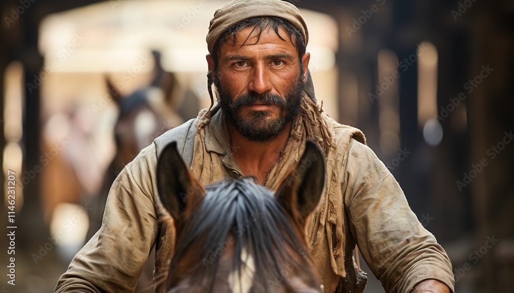 Cowboy horse riding in dusty Cowboy horse riding in dusty