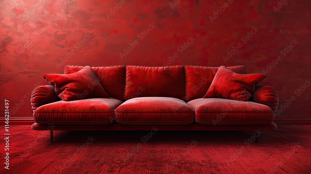A plush red sofa against a similarly colored wall, creating a bold, cozy atmosphere. A plush red sofa against a similarly colored wall, creating a bold, cozy atmosphere.