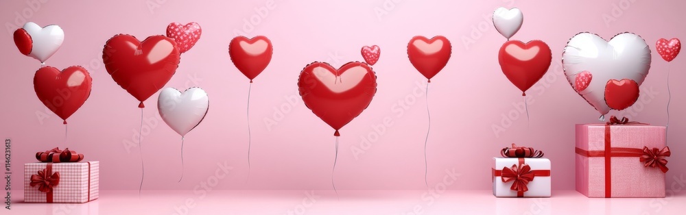 Heart-shaped balloons rise above colorful gift boxes against a soft pink background, embodying a joyful Valentine's Day theme that's perfect for expressing love and affection Heart-shaped balloons rise above colorful gift boxes against a soft pink background, embodying a joyful Valentine's Day theme that's perfect for expressing love and affection