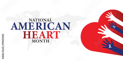 American heart month. Vector banner for social media. Illustration with text American heart month 2025. The U.S. flag in the shape of a heart
