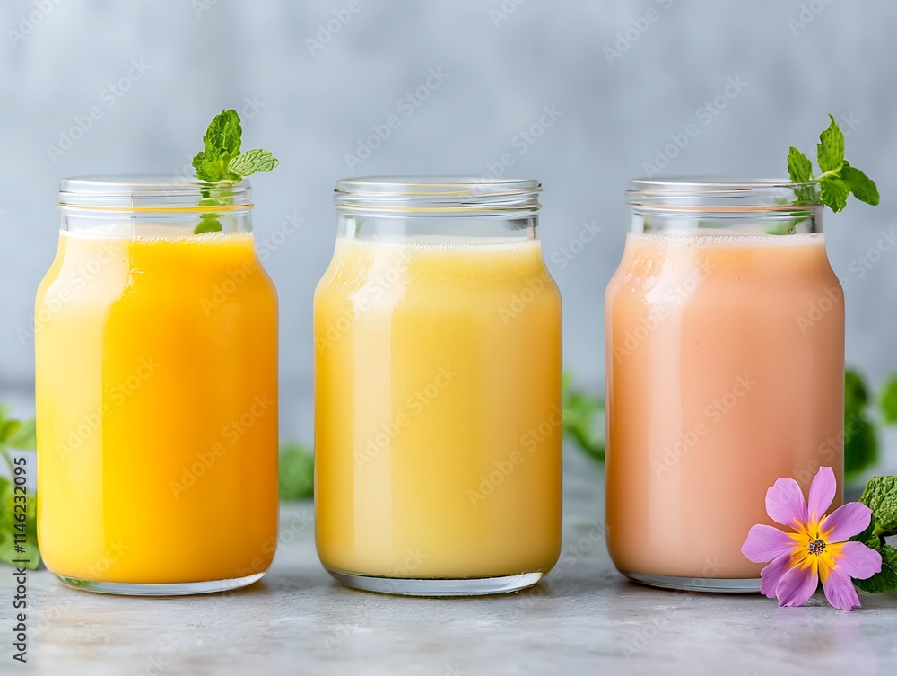 Refreshing Trio of Smoothies Orange, Yellow, Peach Refreshing Trio of Smoothies Orange, Yellow, Peach