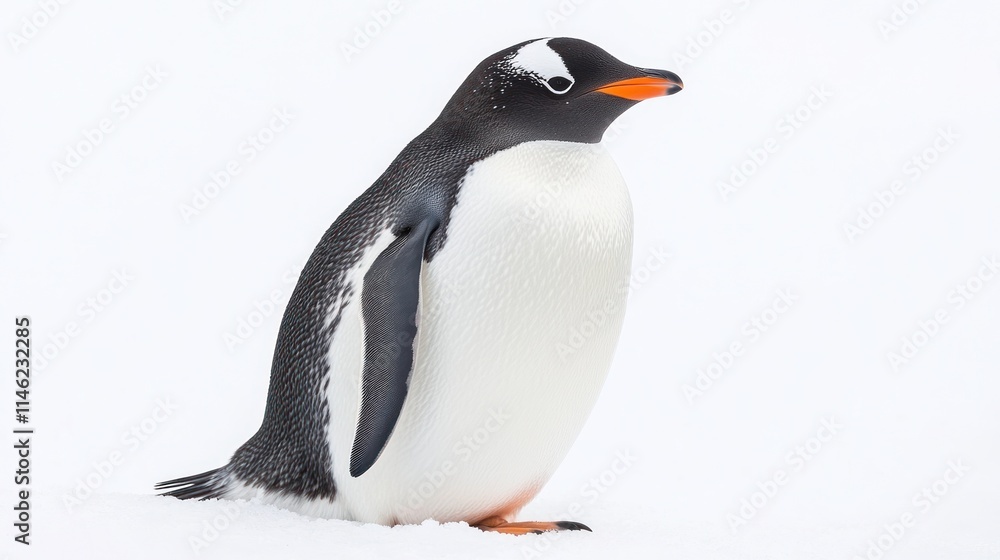 Obraz premium A solitary penguin stands on a snowy landscape, showcasing its distinctive features.