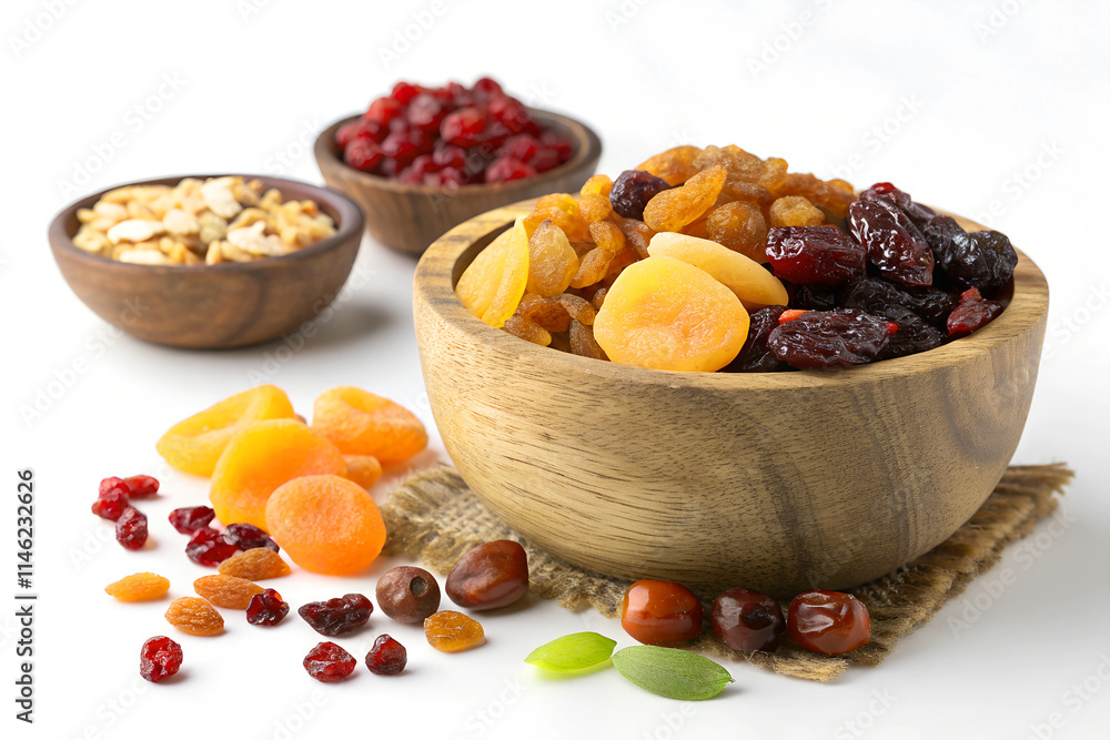 mix of dried fruits and nuts in a wooden bowl isolated on plain white background mix of dried fruits and nuts in a wooden bowl isolated on plain white background