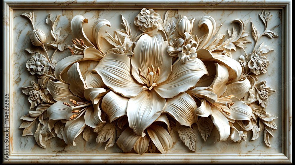Intricate carved stone floral relief panel. Intricate carved stone floral relief panel.