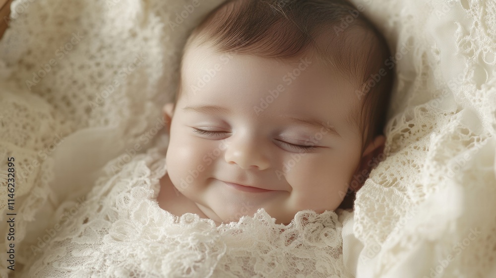 Smiling caucasian infant in lace outfit with eyes closed Smiling caucasian infant in lace outfit with eyes closed