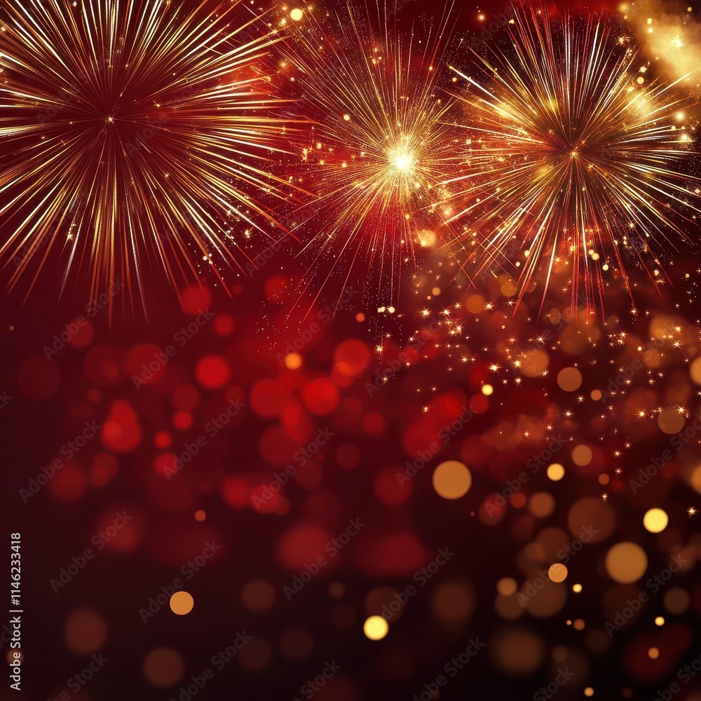 Obraz premium Sylvester, New year's eve, celebration, fireworks on dark red background with golden shining bokeh, banner, greeting card