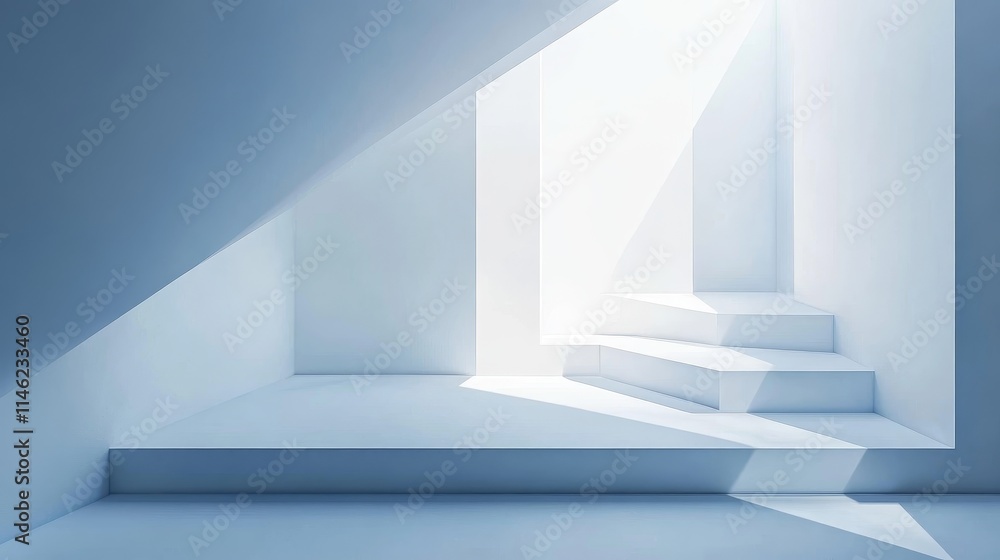 Obraz premium A serene, minimalistic interior with light, background, elegant streaming through, highlight, background, eleganting steps and angles.