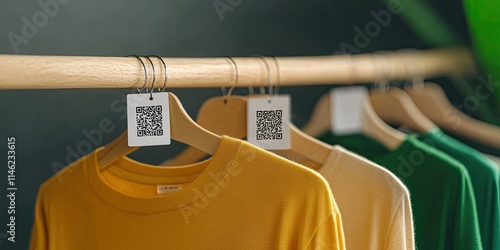 Colorful t-shirts hang on a wooden rack, each with a QR code tag for digital access or information, set against a green backdrop.