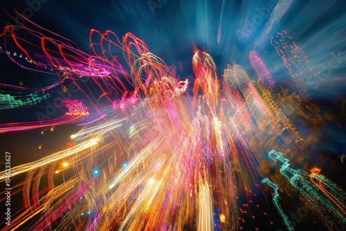 Dynamic and Abstract Light Trails in Beautiful Cityscape Creating a Colorful and Energetic Atmosphere at Night During Festive Celebrations and Events photo